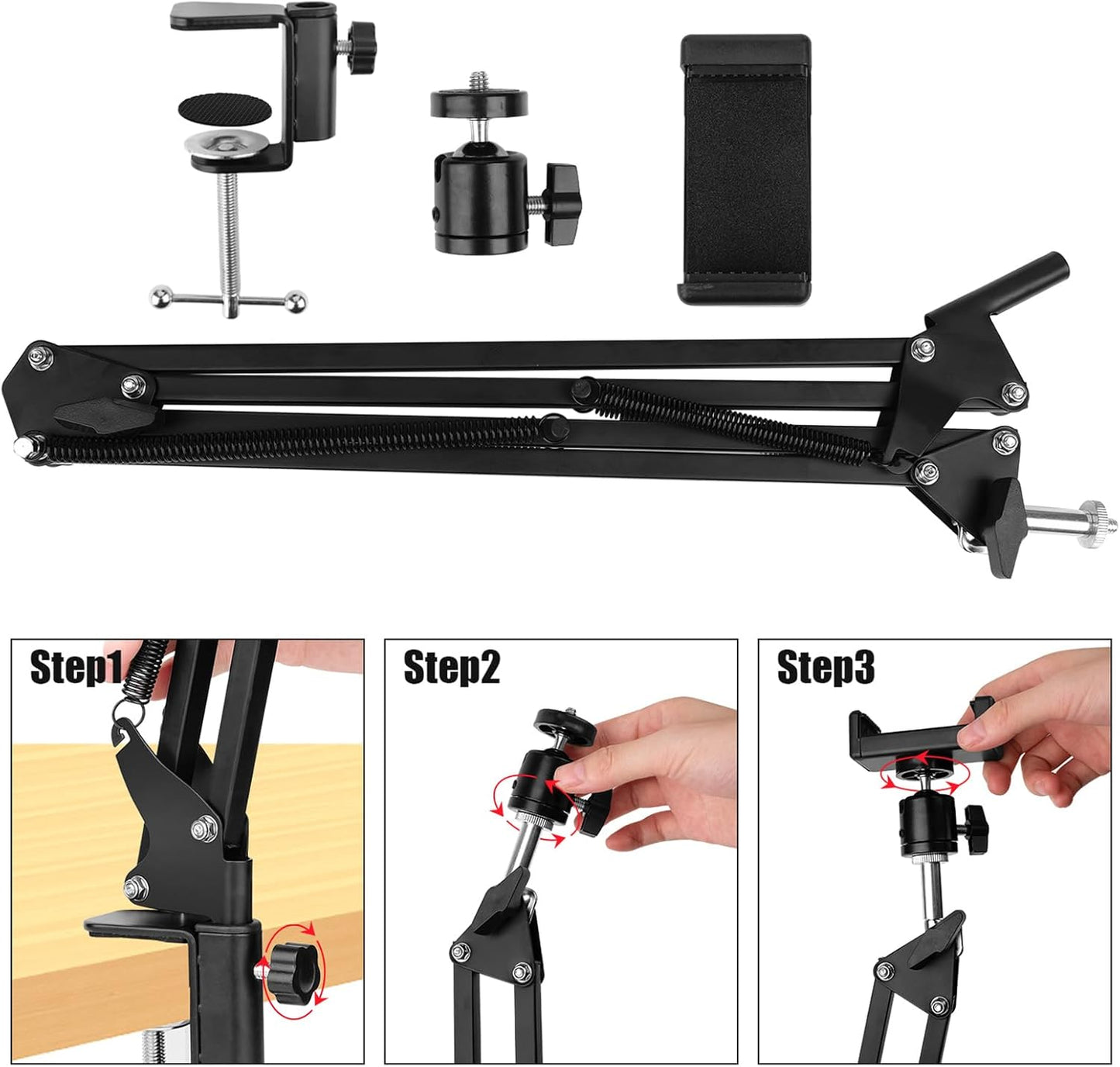Overhead Video Stand Phone Holder Articulating Arm Phone Mount Table Top Scissor Boom Arm Articulating Phone Stand Tablet Phone Holder for Streaming Phone Baking Crafting