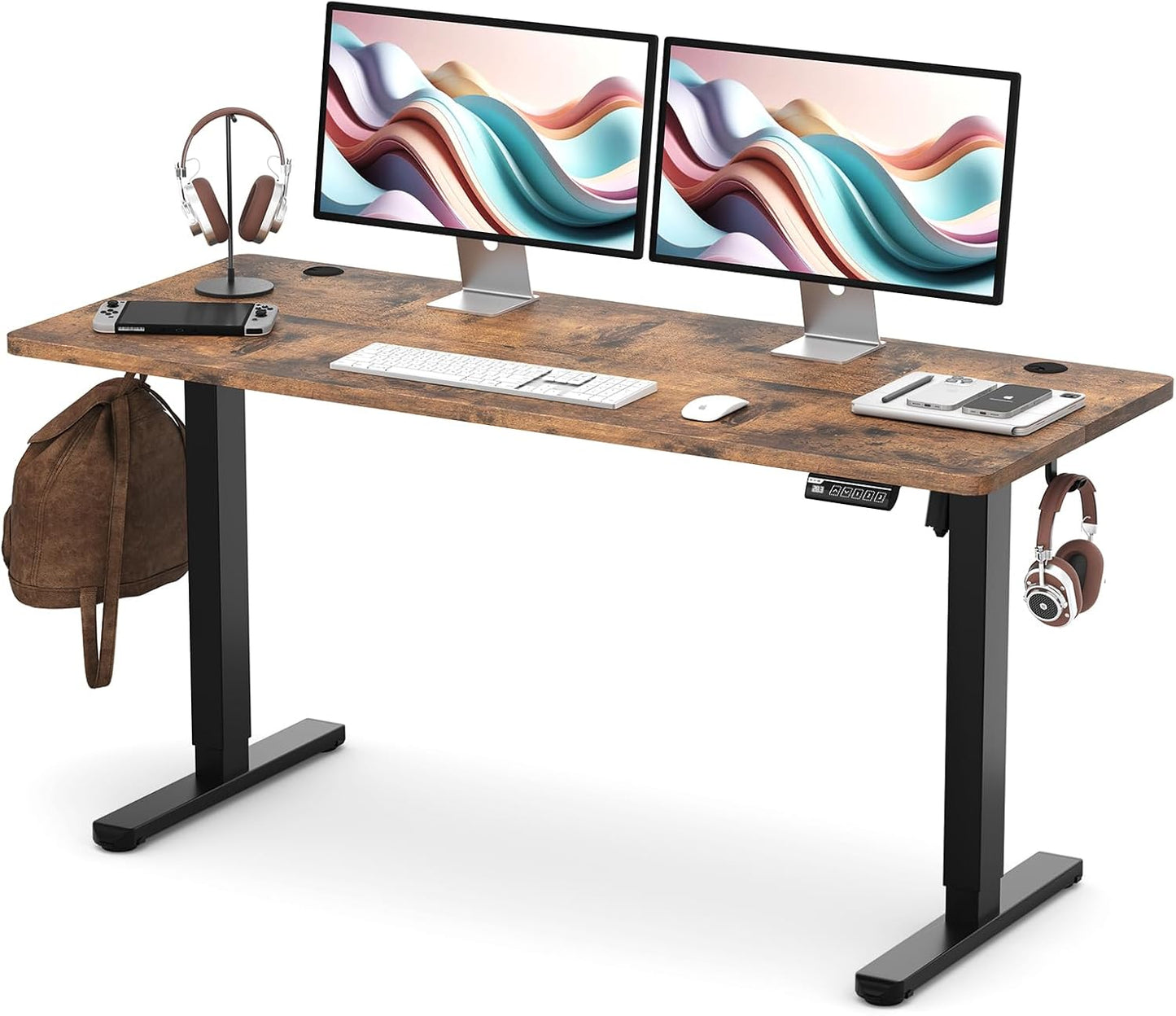 55" Electric Standing Desk,Height Adjustable Home Office Sit Stand up Computer PC Table,Tall Standup Workstation, Gaming, Writing, Study,Bedroom Rising Desks with Two-Piece Desktop,Brown